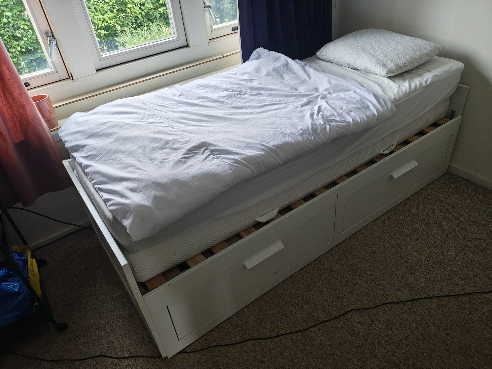Ikea Brimnes bed and 2 mattresses, Ophalen, Gebruikt, Eenpersoons, Wit