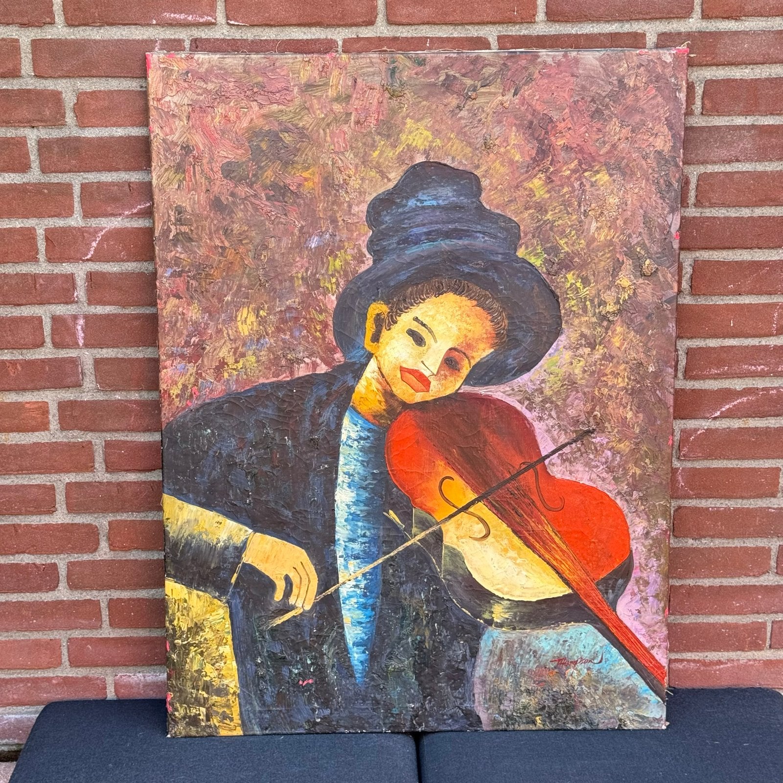Vioolspeler - Groot schilderij - Thompson, Antiek en Kunst, Kunst | Schilderijen | Modern, Ophalen of Verzenden, Muziek, Textiel