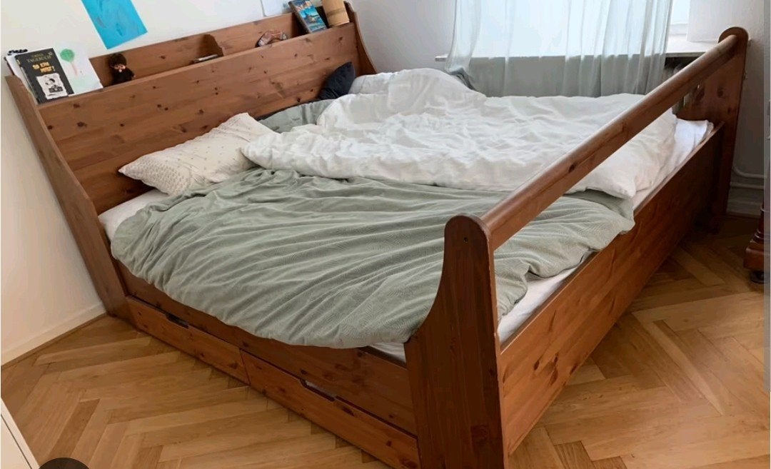 Ikea Leksvik 2 persoons bed 180 X 220 bed 2x lades Landelijk, Ophalen, Gebruikt, Bruin, Tweepersoons