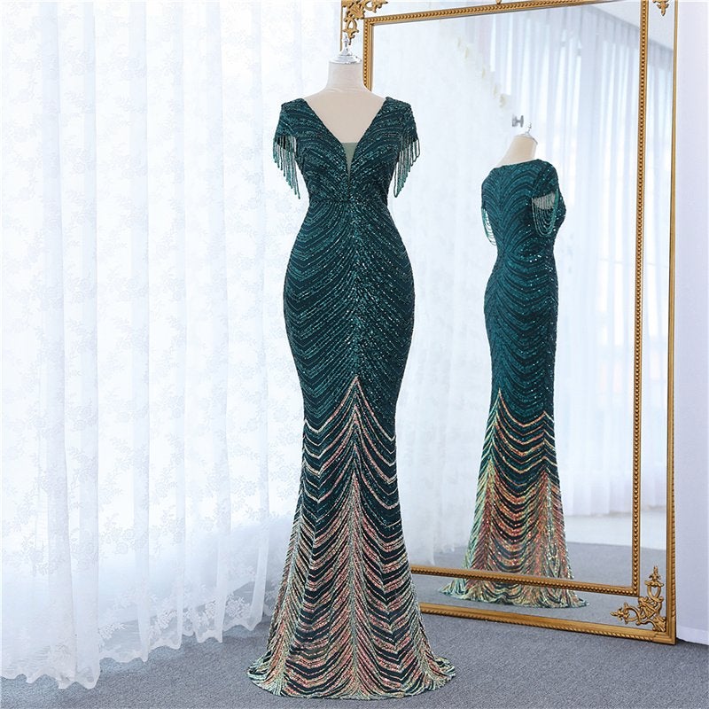 Groene lange mermaid jurk korte mouw gala avondjurk glitter, Galajurk, Verzenden, Maat 42/44 (L), Nieuw