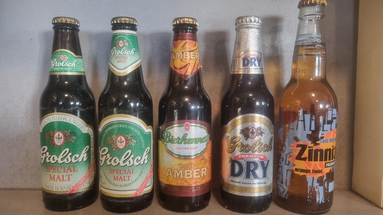 Grolsch: Malt 01/93 & 11/93, Amber '15, Dry '90, Zinniz '02, Verzamelen, Ophalen of Verzenden, Flesje(s), Grolsch