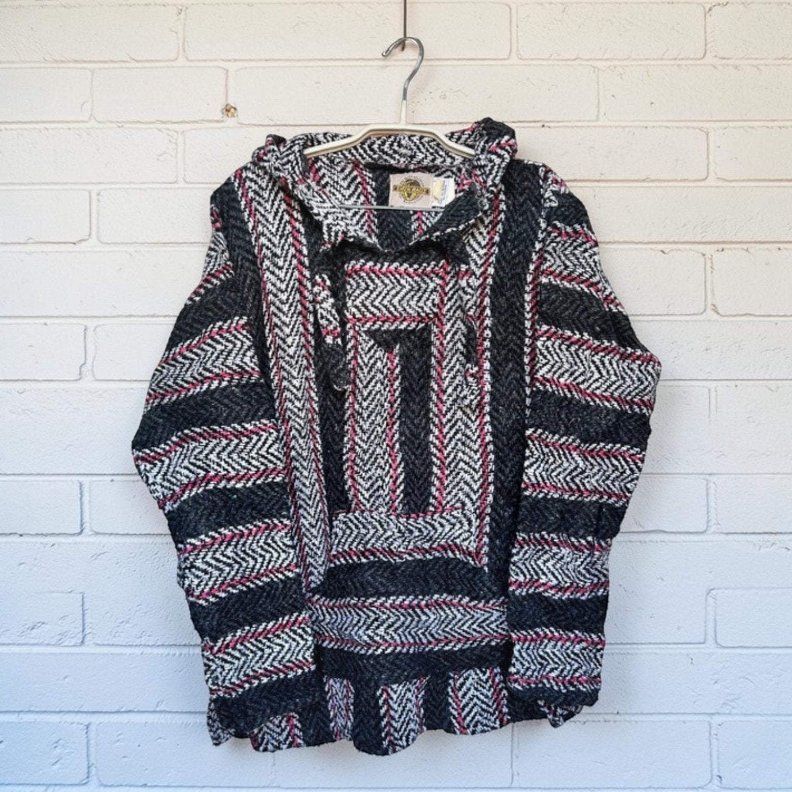 Vintage Baja Hoodie Maat S Grijs Roze Streep Gebreid Unisex, Verzenden, Earthragz, Zo goed als nieuw, Grijs