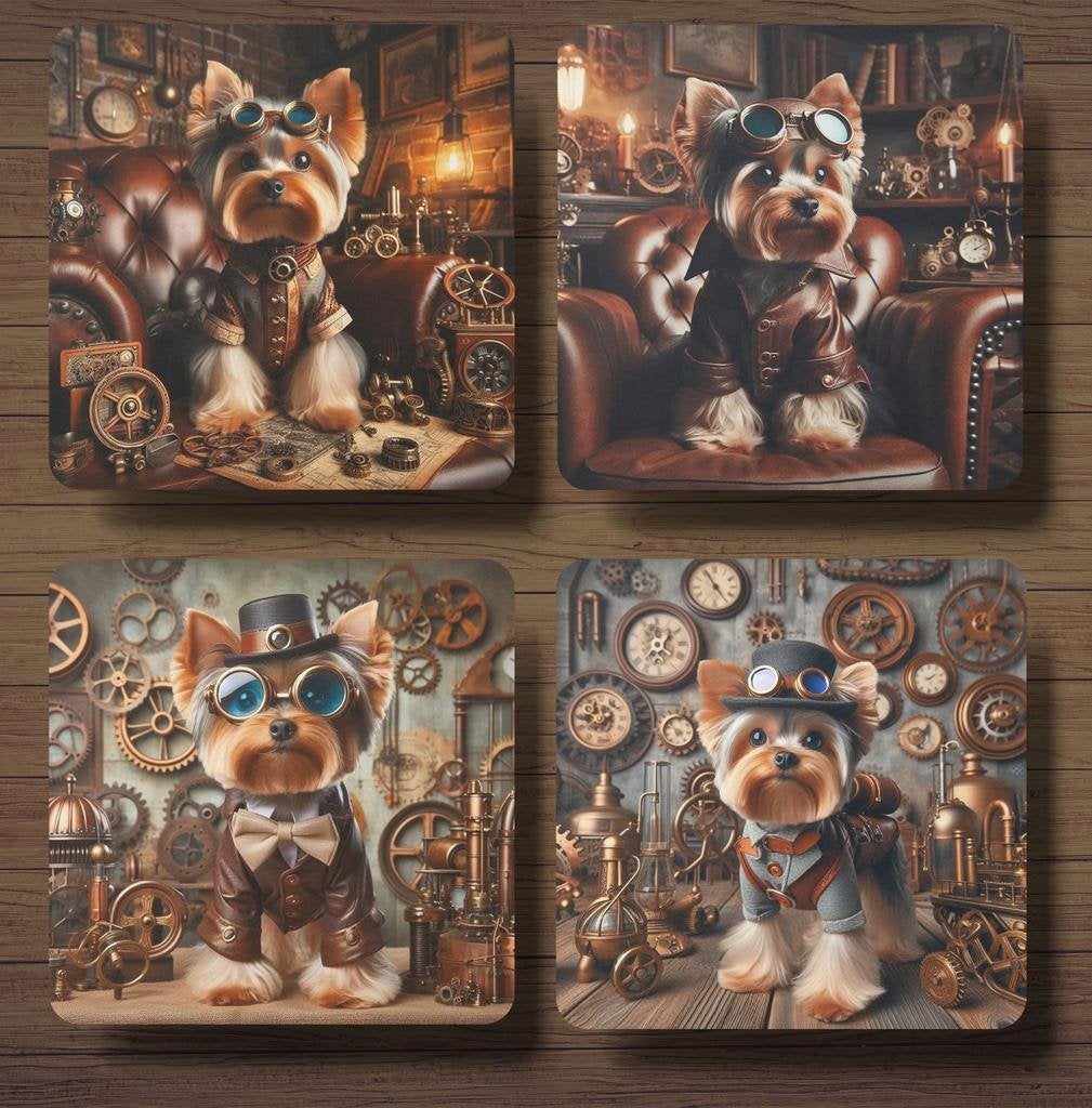 Yorkshire Terriër Steampunk onderzetters met houder, Ophalen of Verzenden, Nieuw