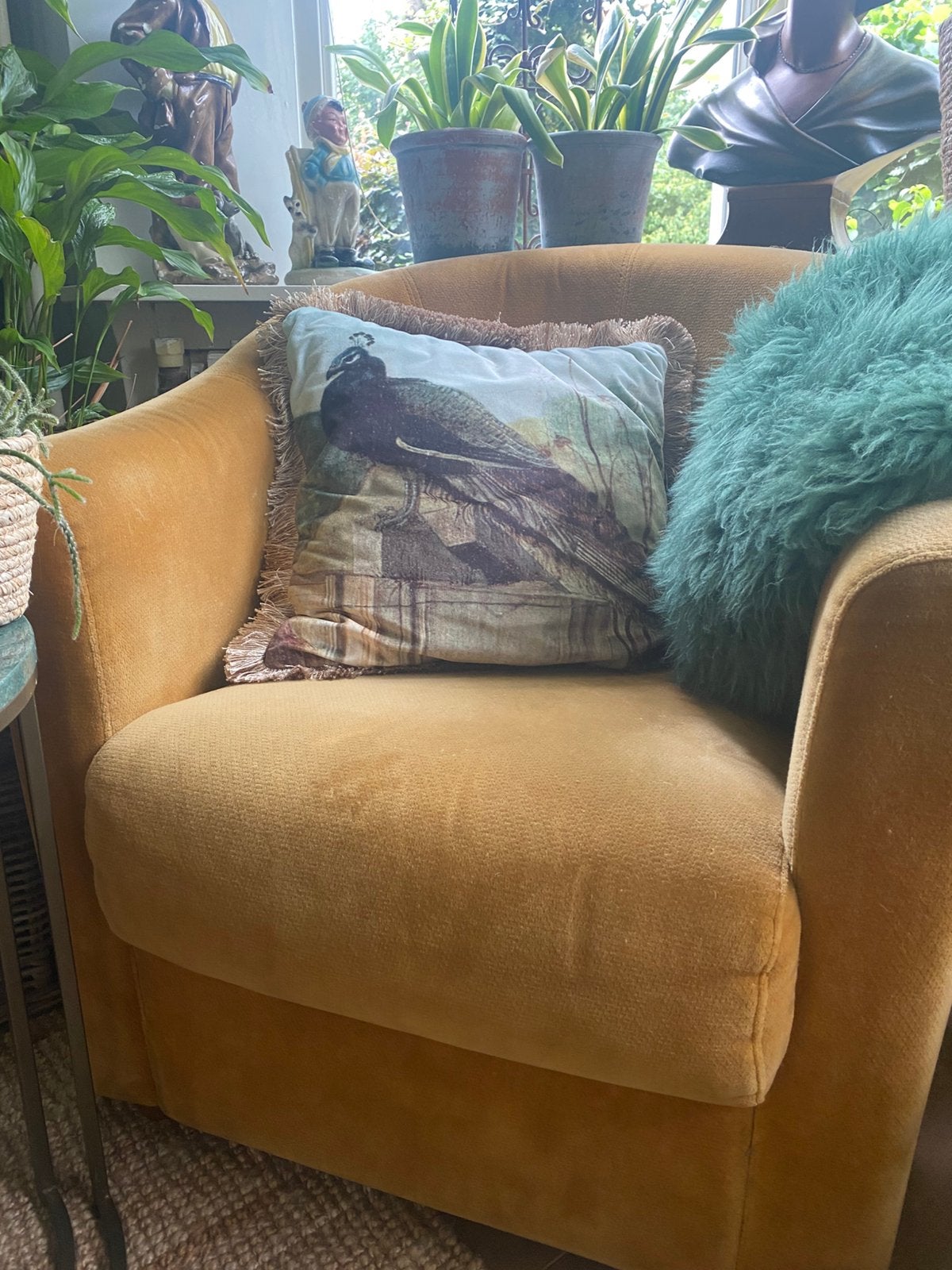 Twee fauteuils oker geel en mosgroen, Ophalen, Gebruikt, Minder dan 75 cm, Stof