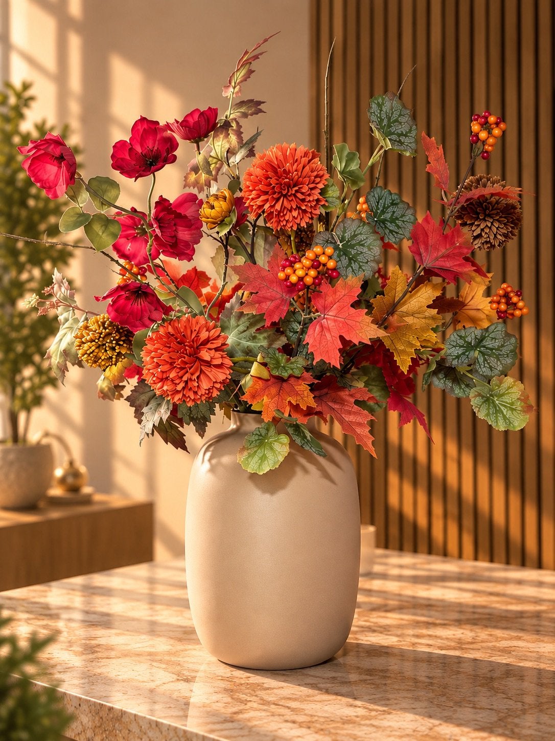 Autumn Ember – Luxe Zijdenblormen - Herfstboeket met Vaas, Binnen, Inclusief kunstbloemen, Www.discountfashioncorner.nl, 60 cm