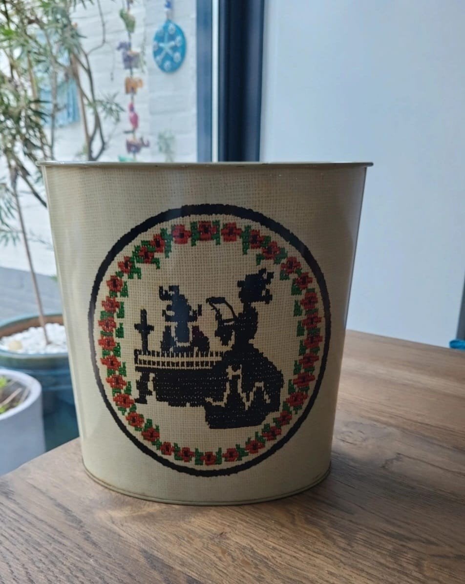 Vintage Tomado metalen emmer/prullenbak met borduurprint, Ophalen of Verzenden