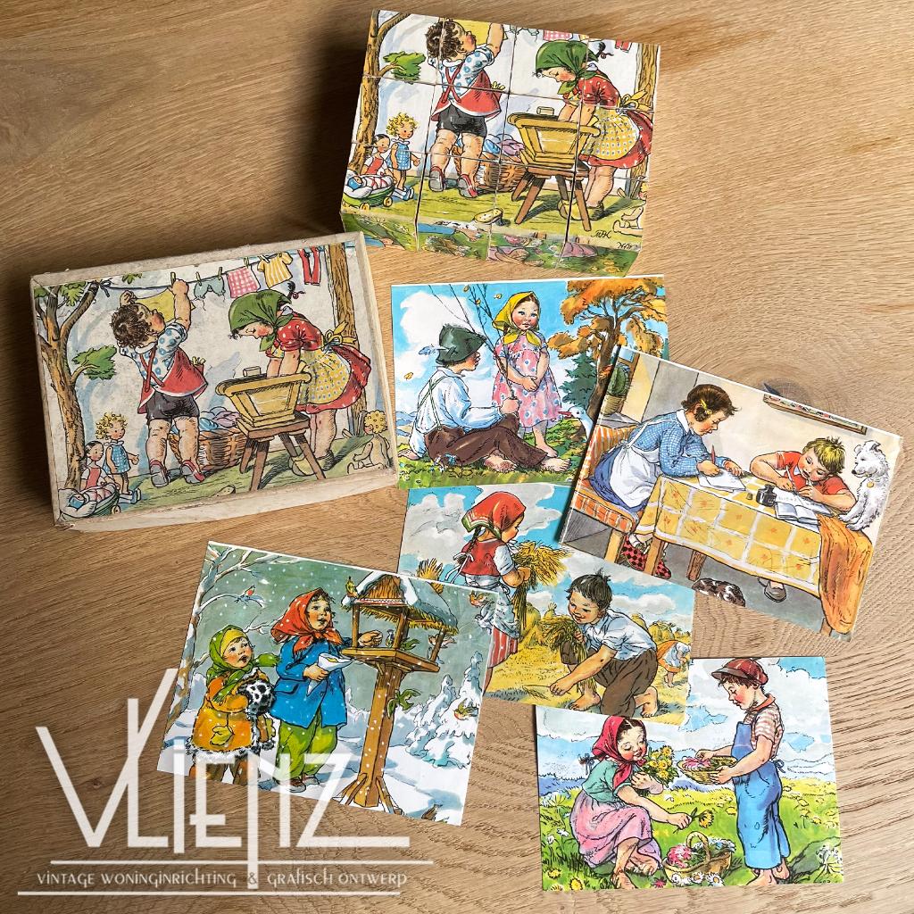 Vintage, brocante houten blokkenpuzzel uit Tsjecho-Slowakije, Antiek en Kunst, Ophalen of Verzenden