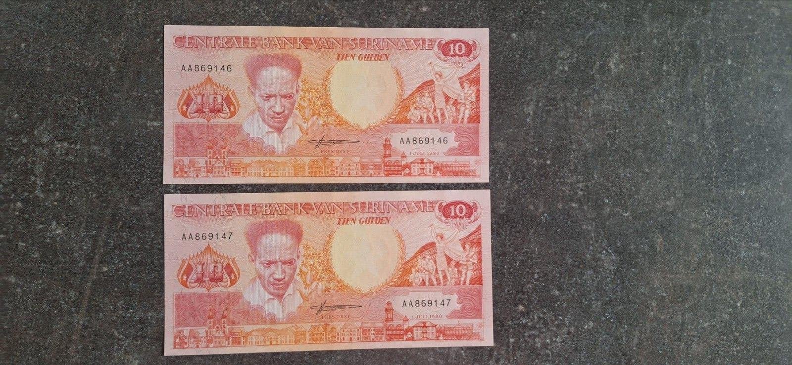 2x Suriname 10 gulden 1986 Pr+  AA serie opvolgend., Ophalen of Verzenden, Zuid-Amerika