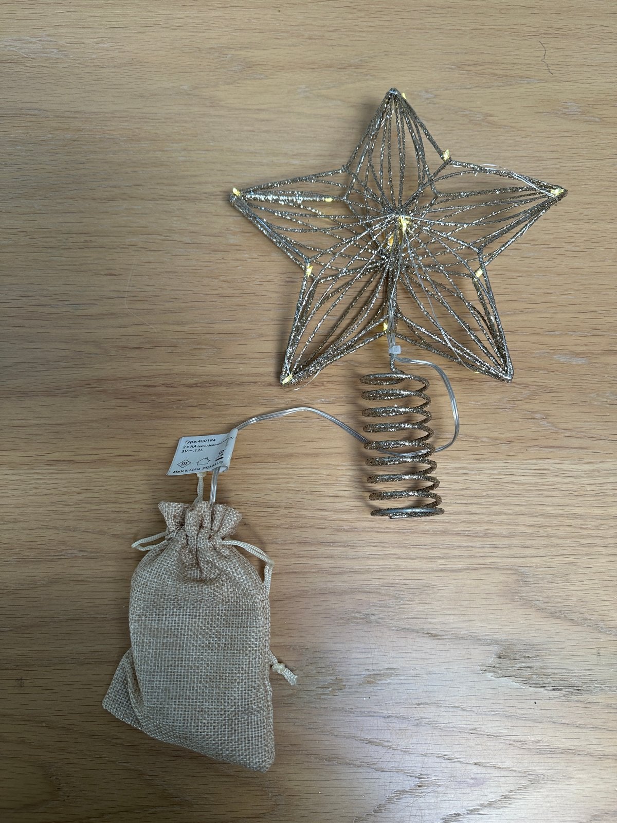 Kerstboom piek met verlichting – gouden ster, Diversen, Ophalen of Verzenden, Zo goed als nieuw
