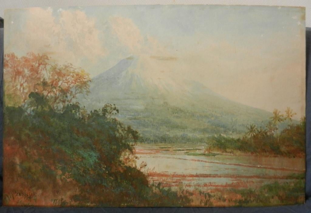 Aquarel Landschap Indonesië Suriosubroto Abdullah hxb 48x73, Antiek en Kunst, Kunst | Schilderijen | Klassiek, Ophalen of Verzenden