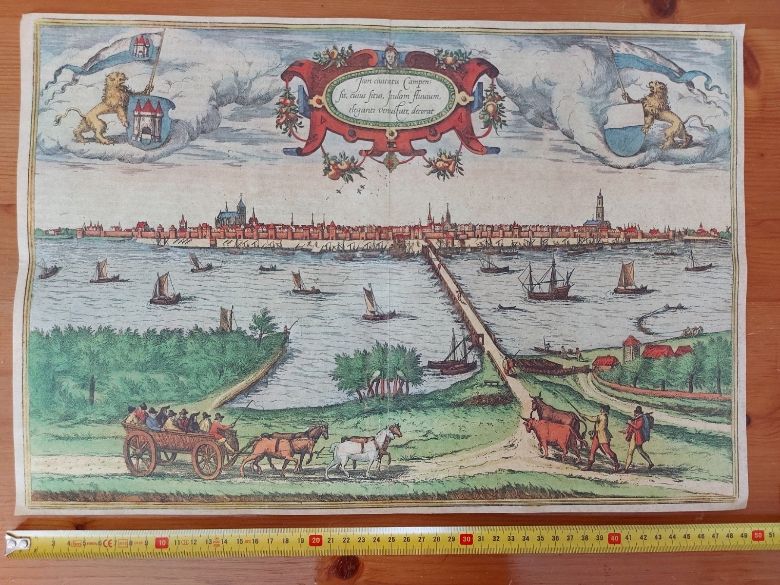 Kampen, panorama aanzicht 17e eeuw., Antiek en Kunst, Stadsgezicht, Gravure, Origineel, 1600 - 1699