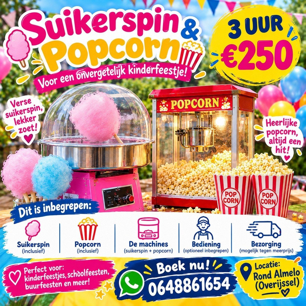 Suikerspin & Popcorn huren – 1 uur voor €100, Ophalen of Verzenden