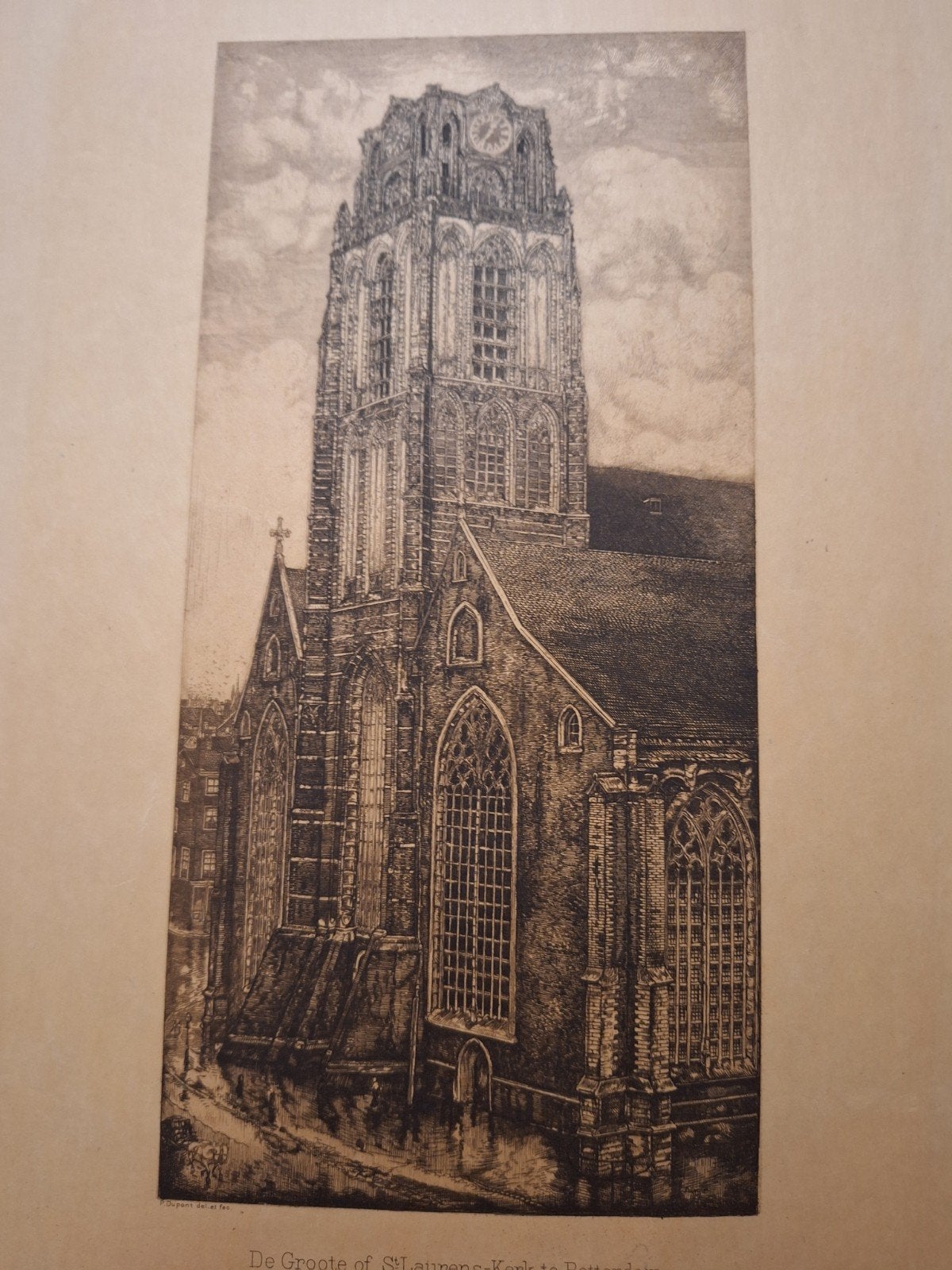 Ets van de Grote of Sint-Laurenskerk  Rotterdam door Dupont, Ets, Stadsgezicht, Ophalen of Verzenden, Origineel