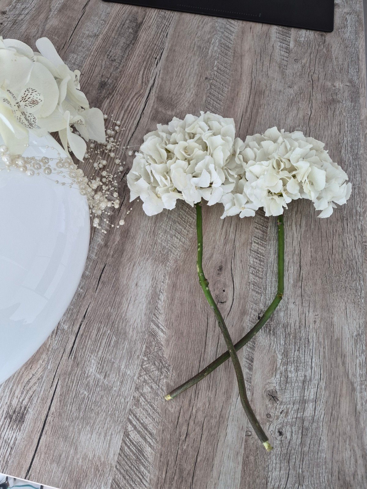 2x kunst hortensia Bloemen - Wit - 42 cm lang, Ophalen of Verzenden, Nieuw, Wit, Kunststof