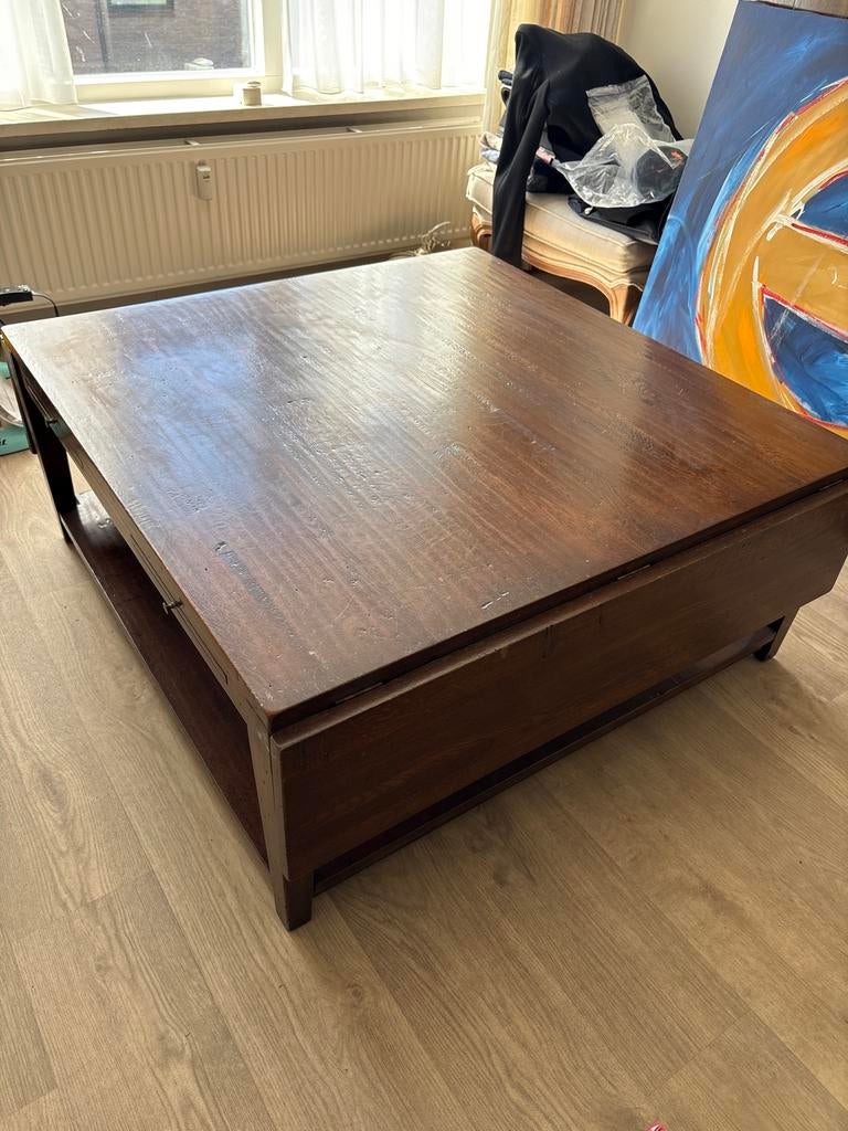 Vierkante salontafel 110x110 cm met 4 uitschuifladen, Ophalen, Gebruikt, 50 tot 100 cm, 100 tot 150 cm