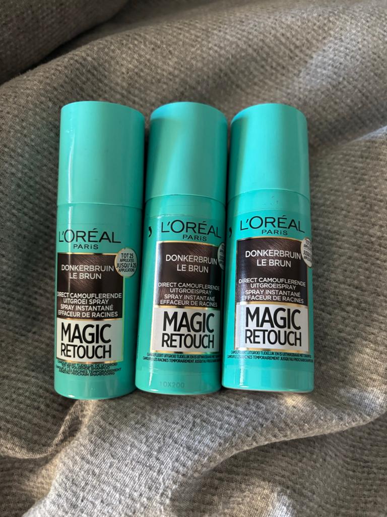 3x L'Oréal Magic Retouch Uitgroeispray Donkerbruin Nieuw, Ophalen of Verzenden, Nieuw, Gel, Wax, Haarlak of Mousse