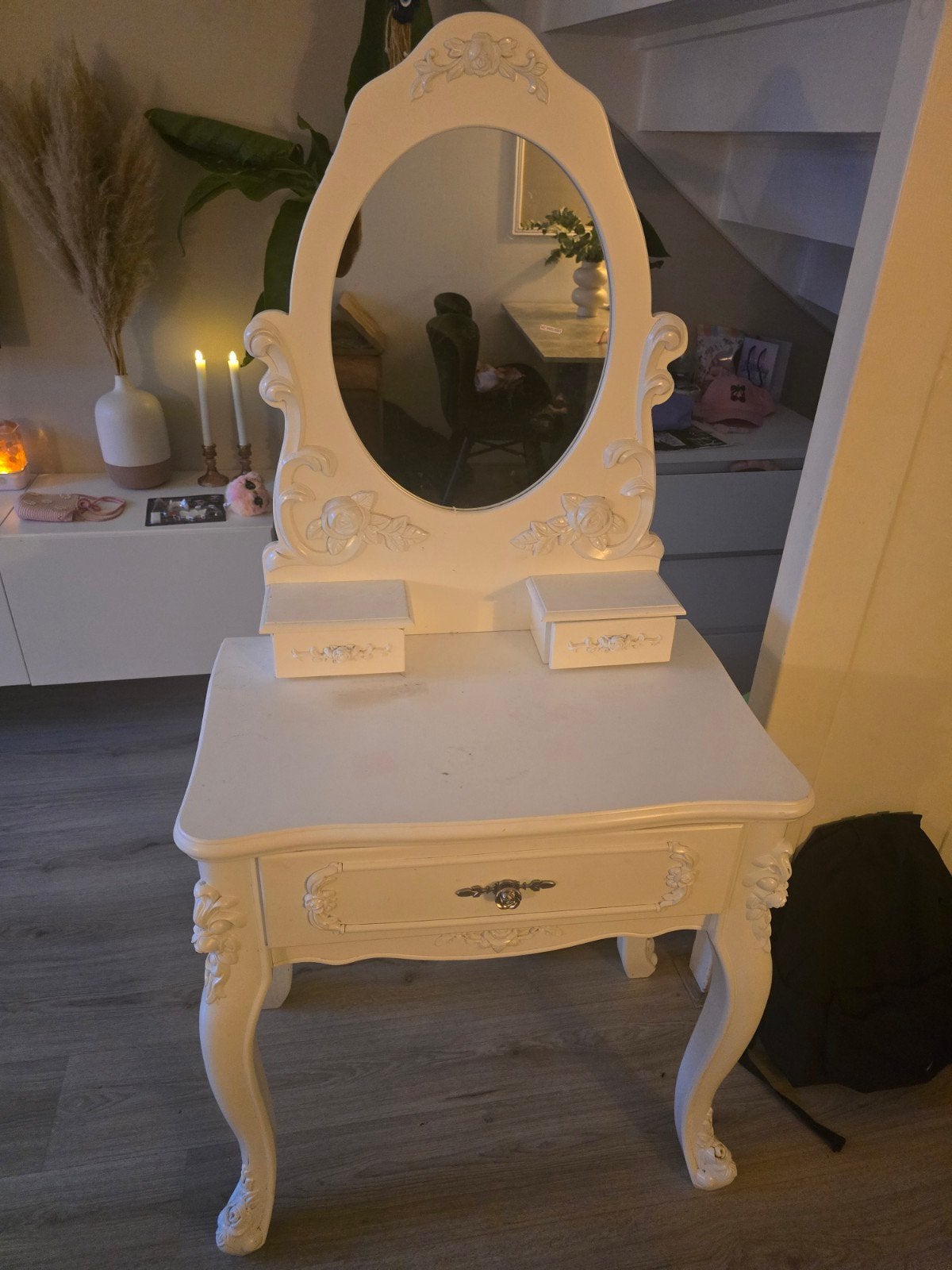 Witte kaptafel met spiegel en lades, Ophalen, 100 tot 150 cm, 50 tot 100 cm, Zo goed als nieuw