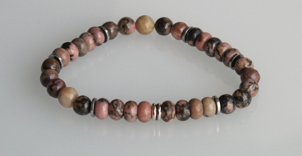 Mooie armband met Rhodoniet en Hematiet zilver, Verzenden, Nieuw, Elastiek, Roze
