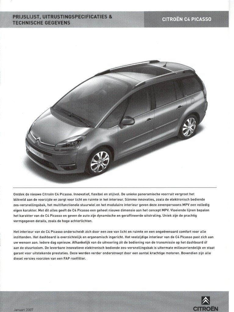 Prijslijst e.d. Citroën C4 Picasso, januari 2007, Ophalen of Verzenden, Nieuw, Citroën