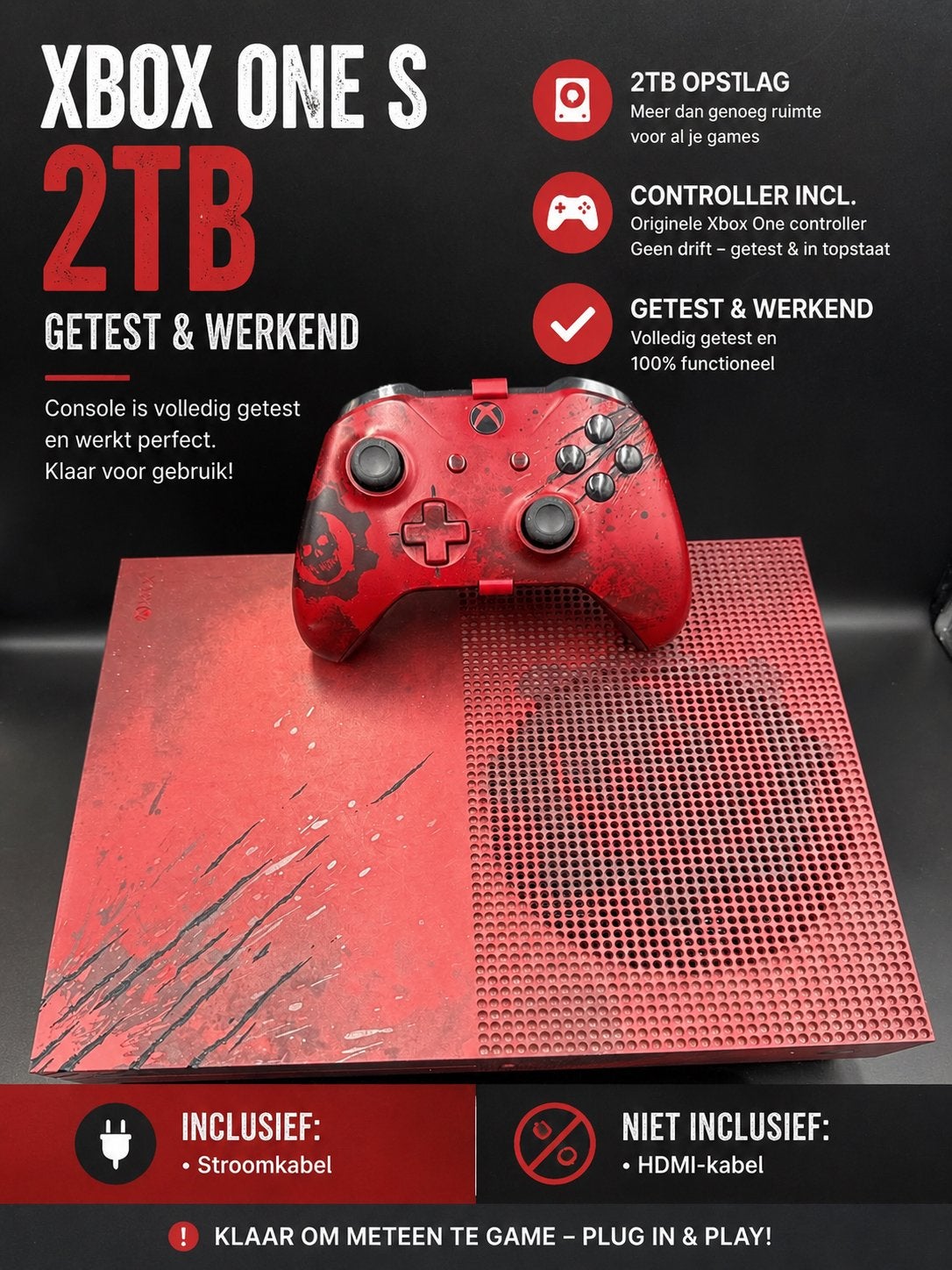 Xbox One S 2TB Gears of War Editie + Controller Getest, Ophalen, Gebruikt, Xbox One S, Met 1 controller