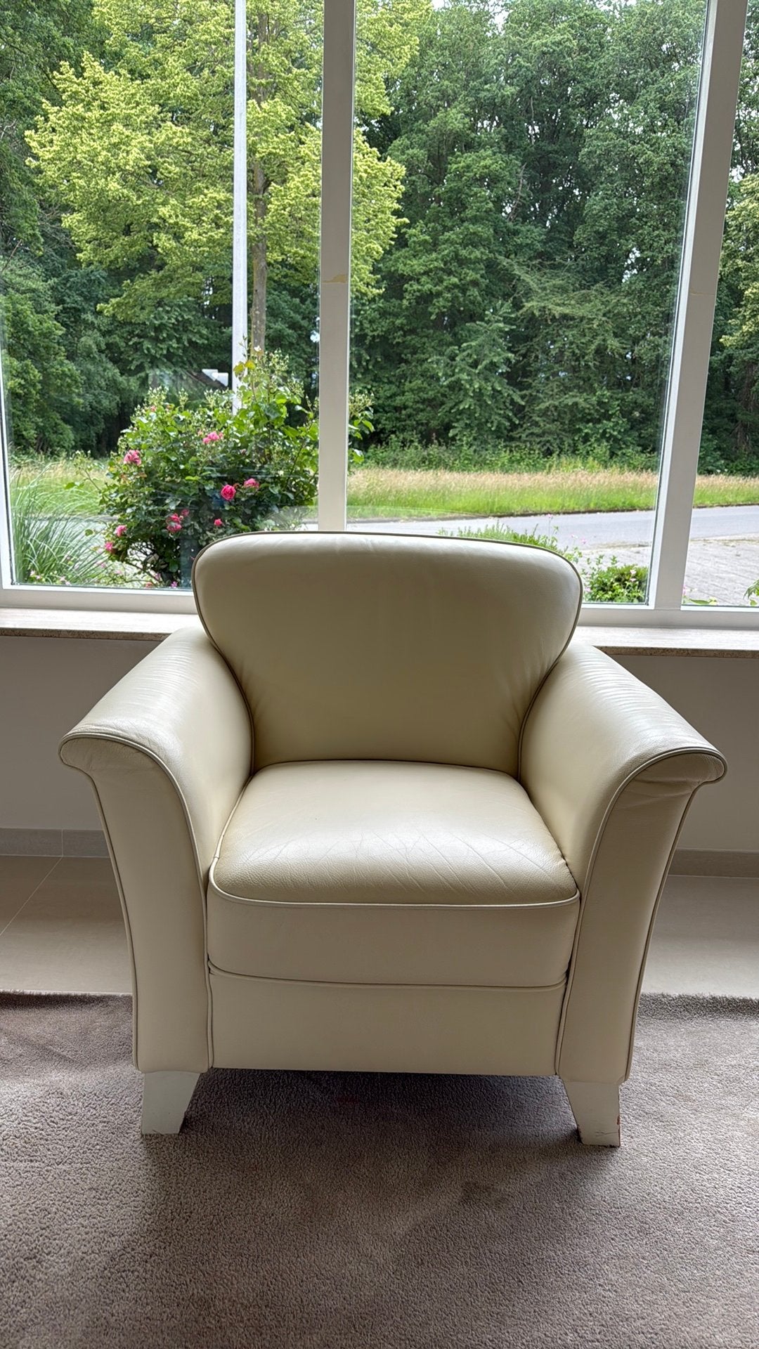Creme kleurige driedelige bankset leder, Ophalen of Verzenden, 75 tot 100 cm