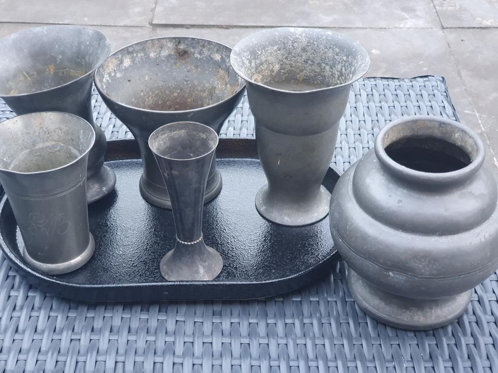 Antiek verzameling bijzondere tinnen vazen/bekers., Antiek en Kunst, Antiek | Tin, Ophalen of Verzenden