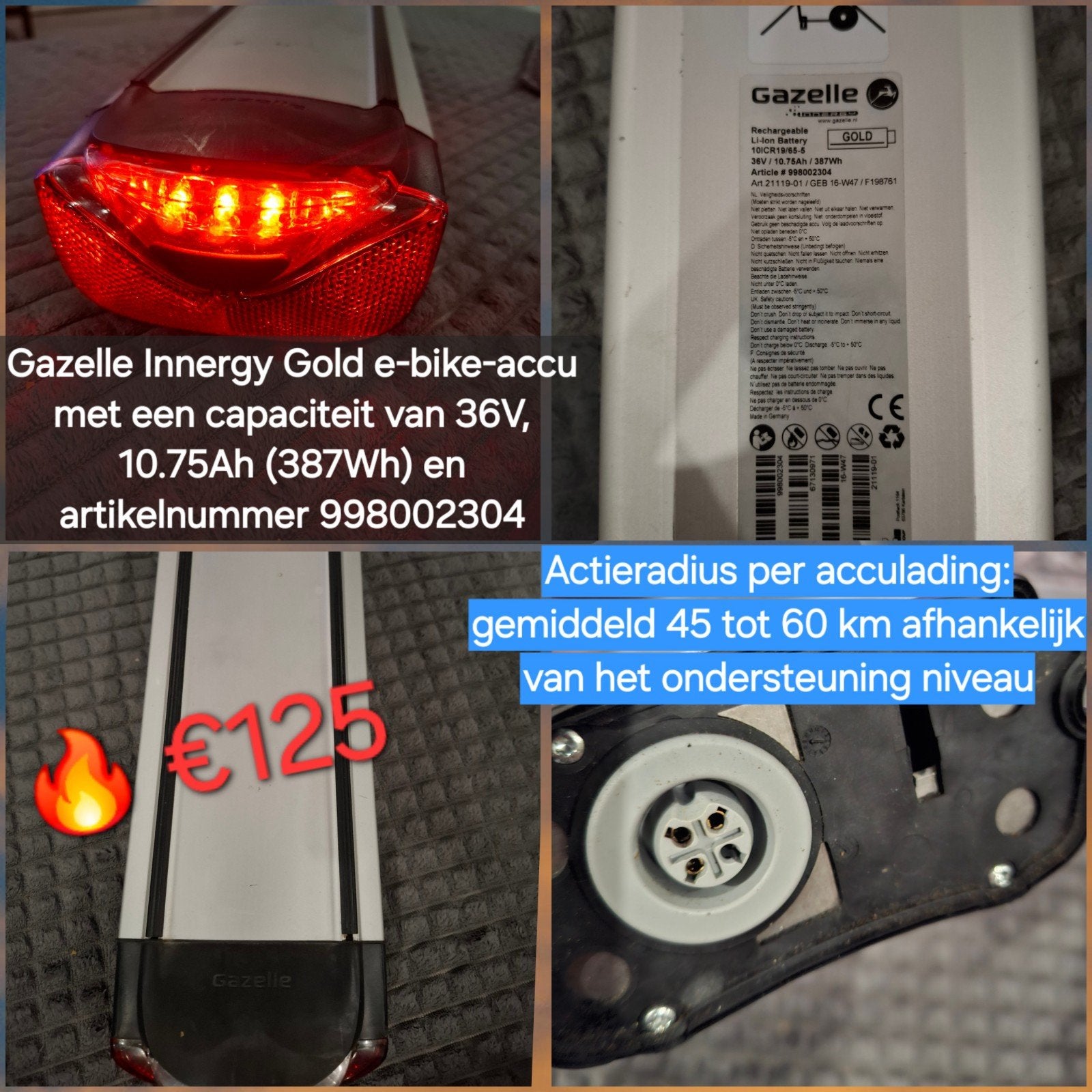 GAZELLE INNERGY ACCU , KOPLAMP , DISPLAY , ACCULADER, Zo goed als nieuw