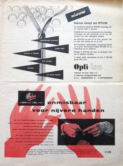 2 vintage advertenties reclames van zelfmaak kleding 1956, Verzamelen, Ophalen of Verzenden, Gebruikt, Overige typen