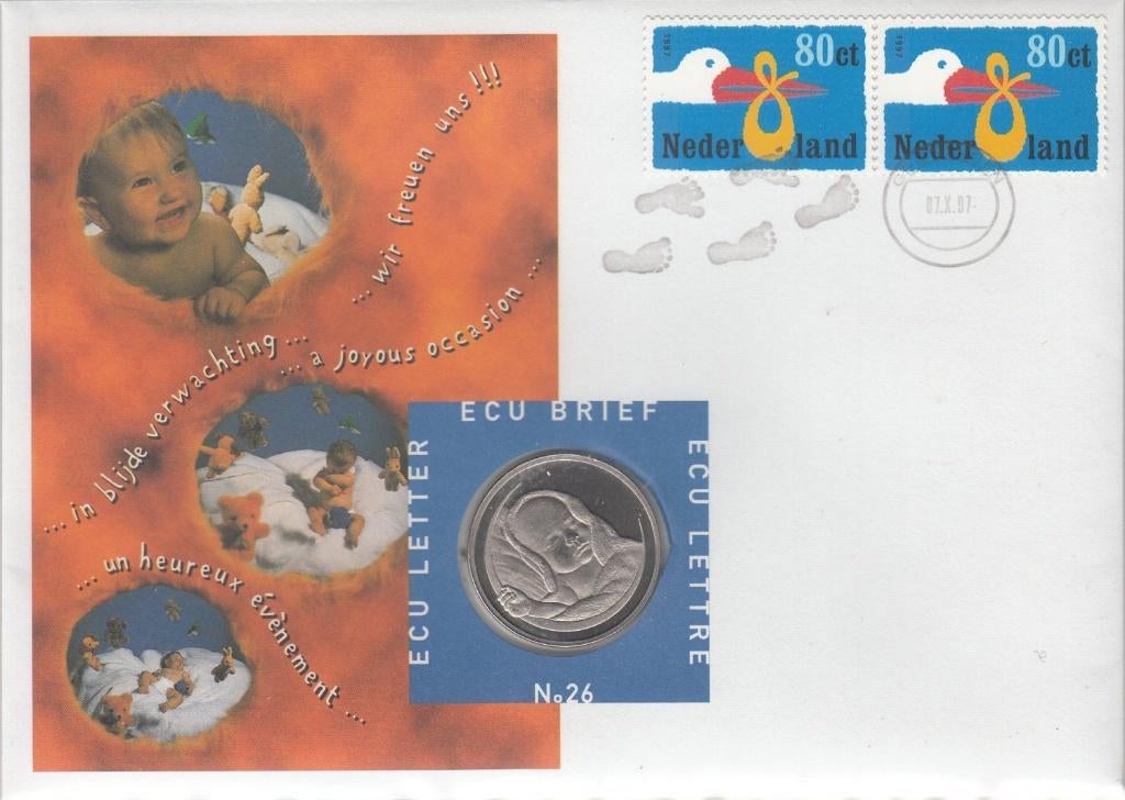 Nederland ECU brief No. 26 Geboorte 1997 met mooie penning, Postzegels en Munten, Ophalen of Verzenden, Overige materialen, Nederland