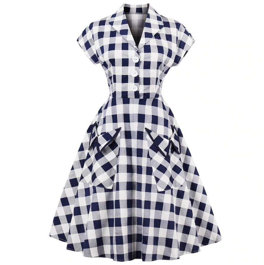 Blauw wit geruite rockabilly jurk vintage dames vrouwen, Verzenden, Nieuw, Meerkleurig, Knielengte