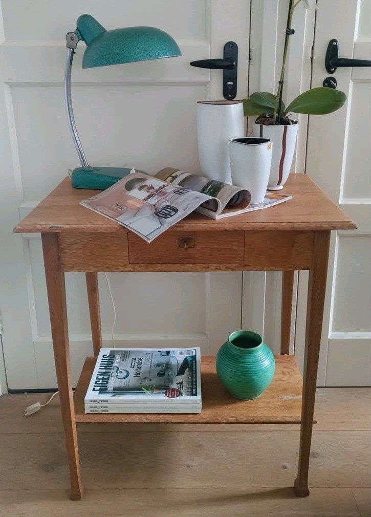 Antieke sidetable art deco tafel vintage tafeltje eiken, Ophalen, 25 tot 50 cm, Rechthoekig, 50 tot 100 cm
