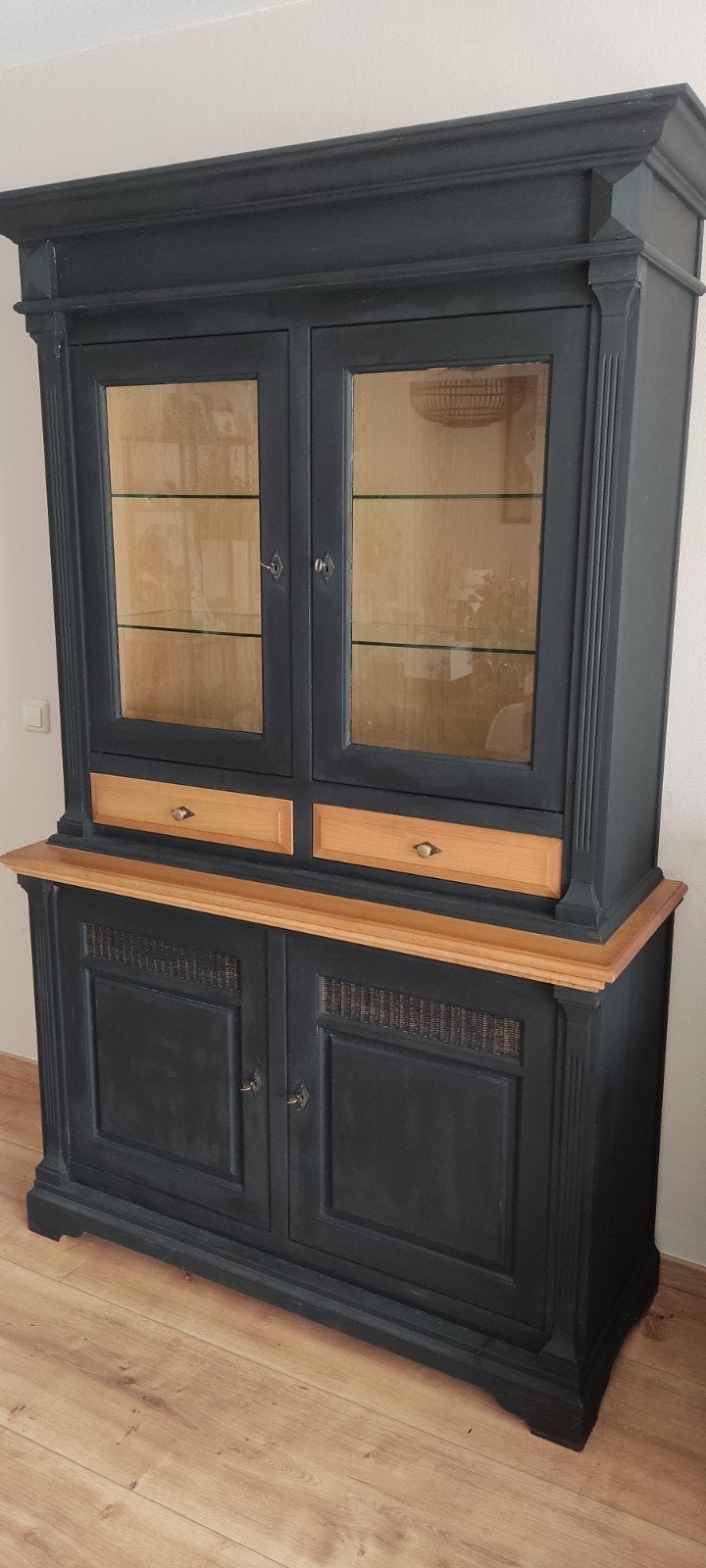 Eikenhouten buffet/vitrinekast, Ophalen, Gebruikt, 25 tot 50 cm, 200 cm of meer