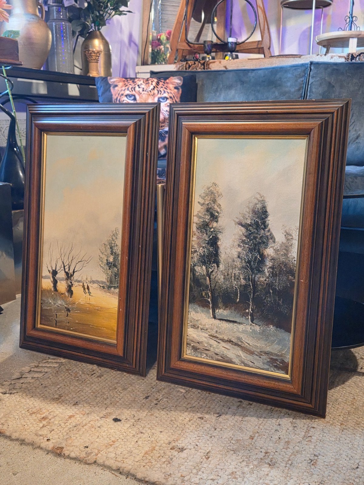 Set van 2 Schilderijen: Winterlandschap met Bomen, Antiek en Kunst, Ophalen, Doek, Landschap, Olieverf
