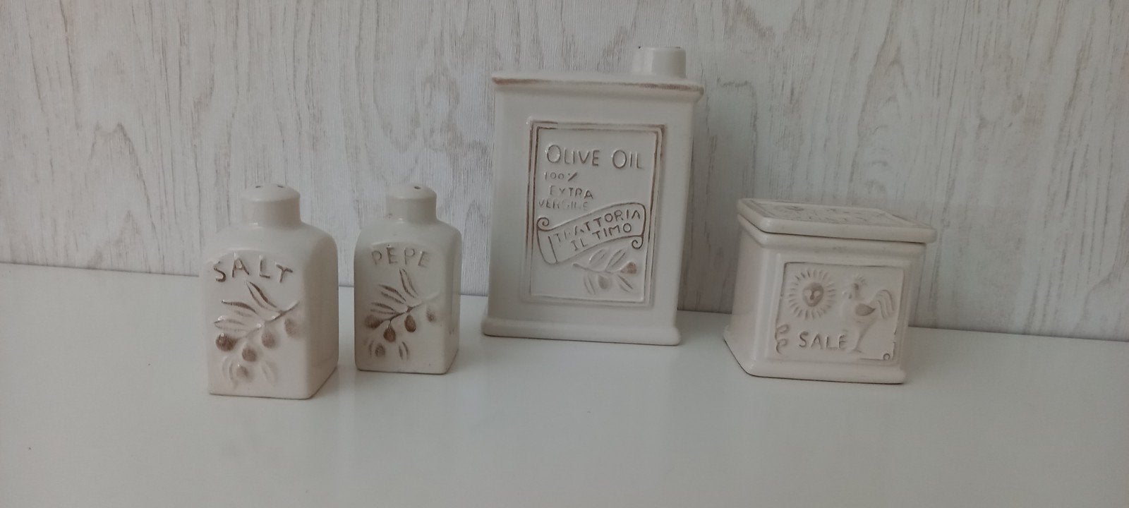 Italiaanse keramische kruidenpotjes en oliekan, Beige, Gebruikt, Ophalen of Verzenden, Voorraadpot
