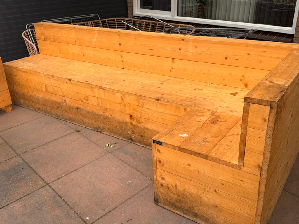 Houten loungebanken met hoekzitting en rechte bank, Tuin en Terras, Tuinbanken, Ophalen, Zo goed als nieuw, Hout