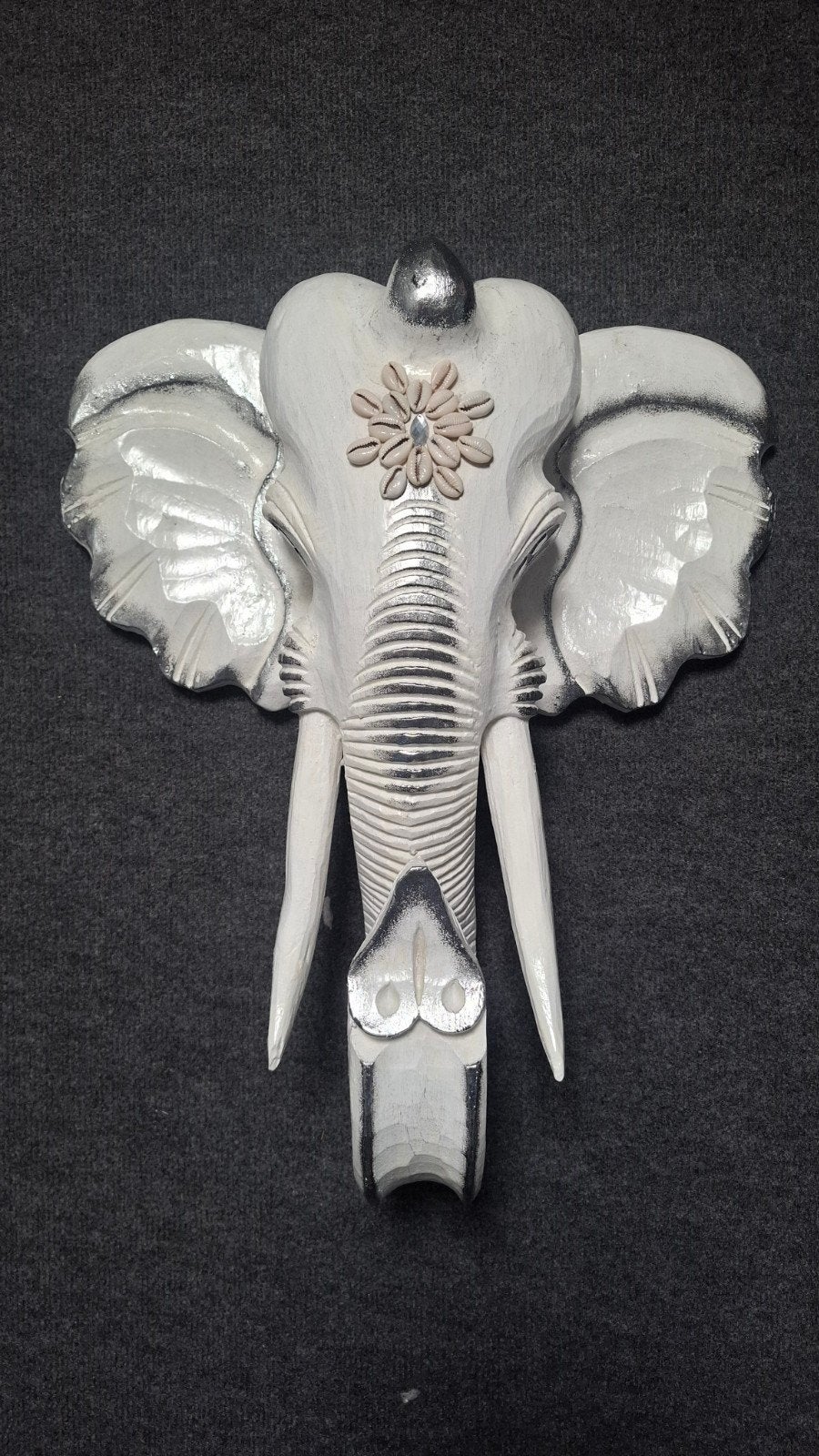 Decoratieve olifantenkop wanddecoratie wit/zilver, Huis en Inrichting, Ophalen, Hout, Overige stijlen, Zo goed als nieuw