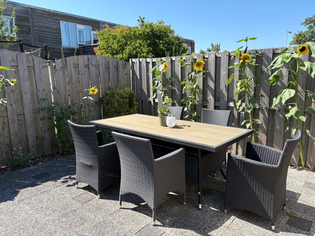Tuintafel 200x96x74 met 5 stoelen, Tuin en Terras, Tuintafels, Gebruikt, Rechthoekig, Kunststof, Ophalen