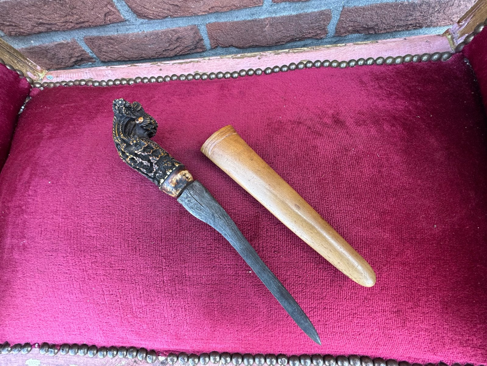 Antieke Tombak met bewerkte handgreep, keris/ no kris, Antiek en Kunst, Handgemaakt, Ophalen of Verzenden, Indonesië, Metaal