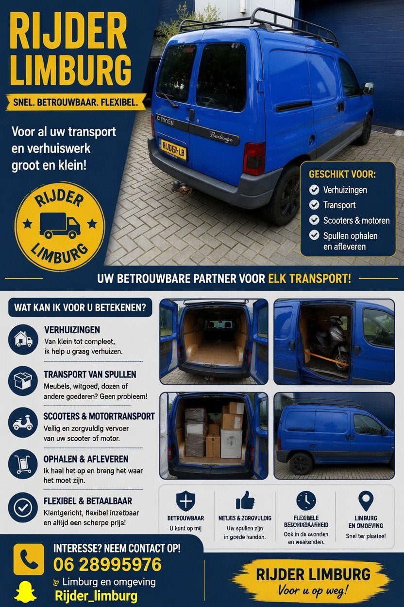 RIJDER LIMBURG – Snel, betrouwbaar en betaalbaar!, Ophalen of Verzenden