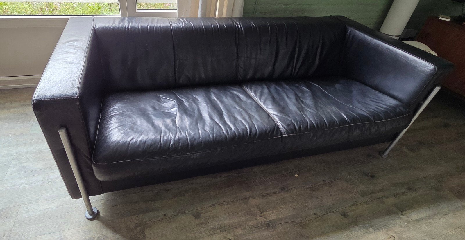 Montel bank, stoelen, relaxfauteuil, hocker en salontafel, Huis en Inrichting, Ophalen, Gebruikt, 200 tot 250 cm, Leer