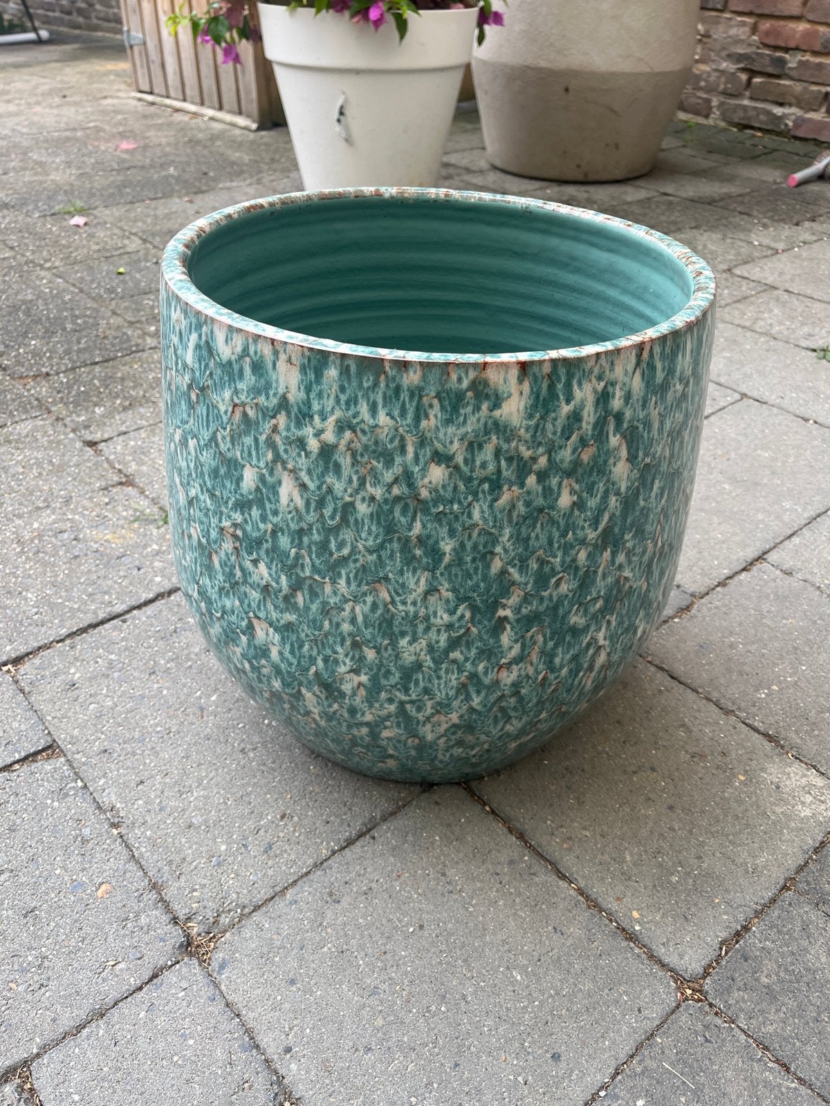 Grote turquoise bloempot met uniek patroon (30 cm), Ophalen, Gebruikt, 40 cm of meer, Rond