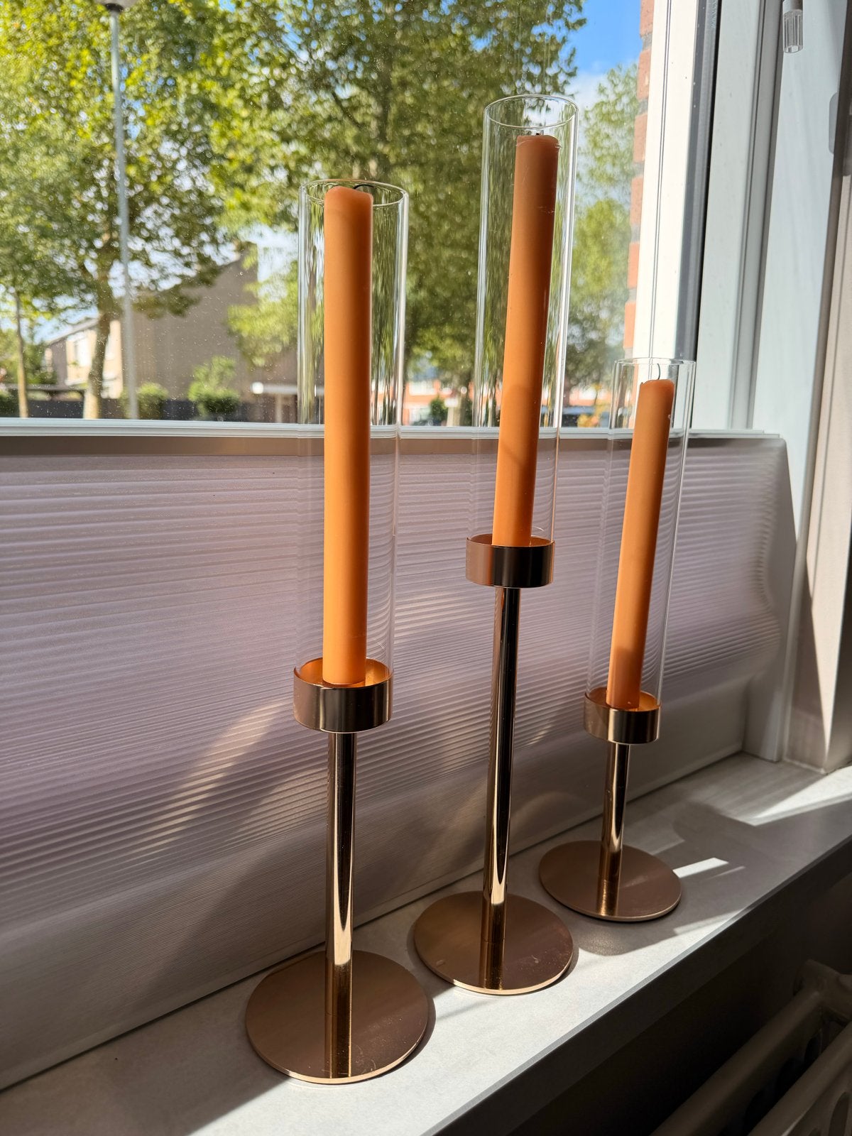 6x gouden kandelaar met wind-glas, Ophalen of Verzenden, Zo goed als nieuw, Glas, Windlicht