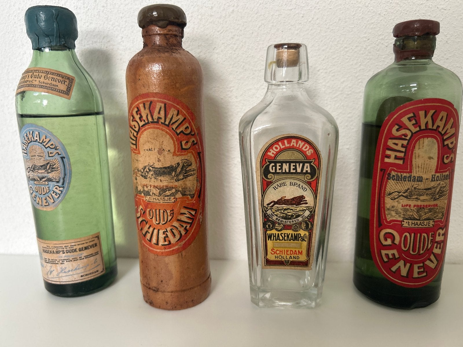 Set van 4 Antieke Hasekamp's Oude Genever Flessen, Ophalen of Verzenden