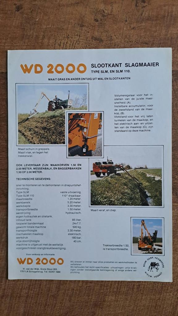 Folder WD slootkant slagmaaier en WD 2000 Maaikorven, Ophalen of Verzenden, Zo goed als nieuw, Folder