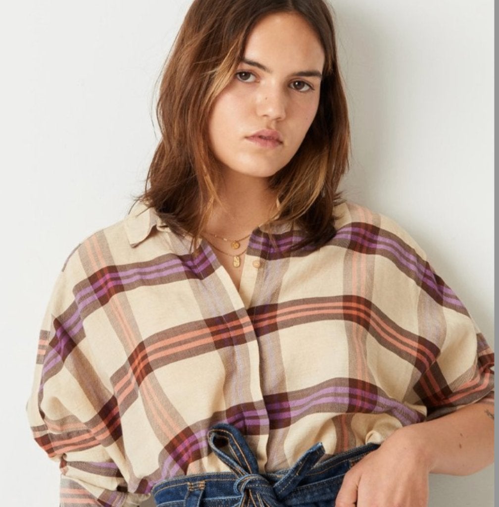 Sessun geruite blouse bruin/paars mt S (M) katoen/linnen, Sessun, Zo goed als nieuw, Maat 36 (S), Meerkleurig