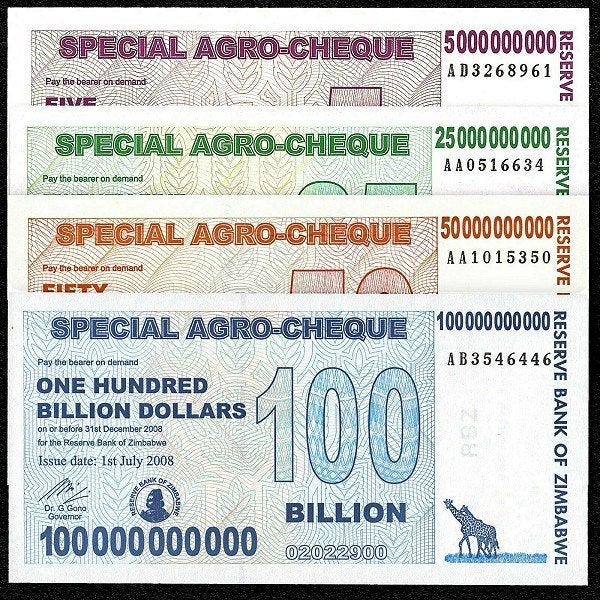 Zimbabwe 2008 Agro-Cheque, serie van 4 biljetten (UNC), Verzenden, Zimbabwe, Setje