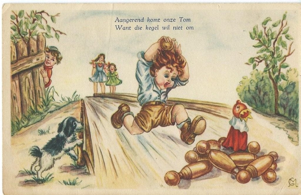 Vintage Ansichtkaart: Tom en de Kegelbaan, Ophalen of Verzenden, Voor 1920, Ongelopen, Kinderen