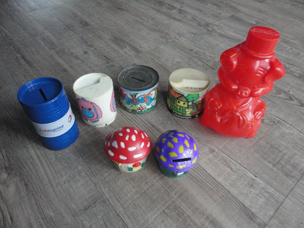 LEUKE OUDE SPAARPOTJES  1,- P STUK, Verzamelen, Ophalen of Verzenden, Gebruikt, Metaal of Blik
