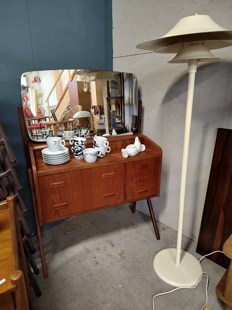 Vintage Deense Teak Kaptafel met Spiegel, Ophalen, Gebruikt, 100 tot 150 cm, 100 tot 150 cm