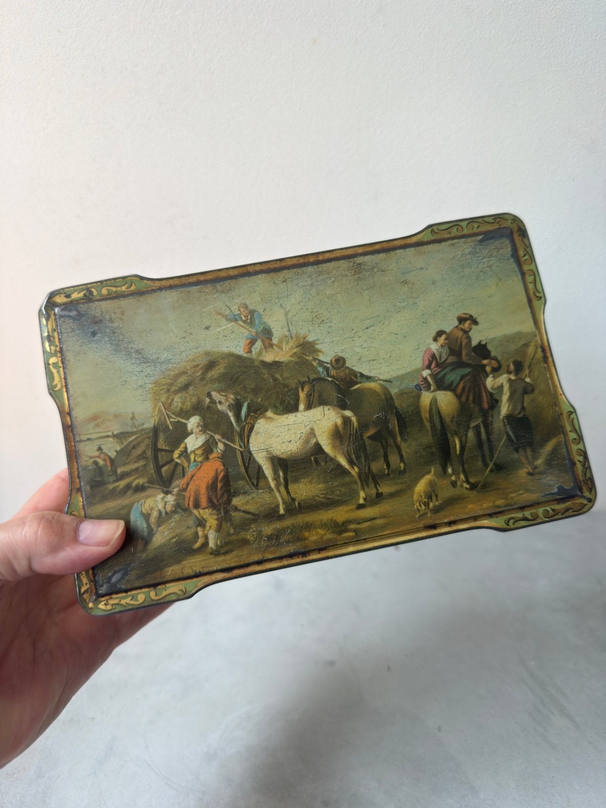 Oud vintage blik op pootjes met paarden en landelijk, Ophalen of Verzenden, Zo goed als nieuw, Overige, Overige merken